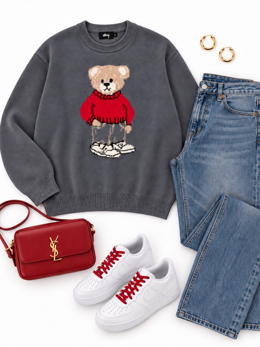 Teddy Graphic Crewneck Sweater - Charcoal with Red Accent